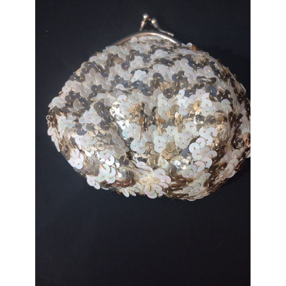 Vintage Kiss Lock Evening Bag w/ Chain Handle, Sequin Grey/Gold/Cream